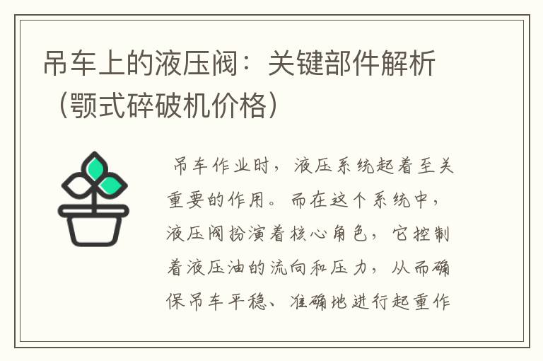 吊车上的液压阀：关键部件解析（颚式碎破机价格）